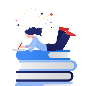 An illustration of a girl studying with a laptop and books.